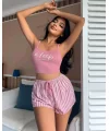 Kadın Pembe Çizgili Desen Askılı Şortlu Pijama Takım