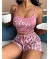 Kadın Pembe Çizgili Desen Askılı Şortlu Pijama Takım