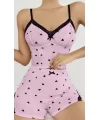 Kadın Pembe Kalp Desenli Askılı Şortlu Pijama Takım