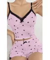 Kadın Pembe Kalp Desenli Askılı Şortlu Pijama Takım