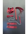 Kırmızı Fantezi Set, Kırbaç - Kelepçe - Tasma - Maske Takım - Brf1246