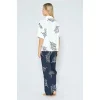 %100 Viskon Dokuma Lacivert Yaprak Desenli Önden Düğmeli Pijama Takımı