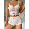 Beyaz Fiyonk Desenli Kalpli Askılı Şortlu Pijama Takım