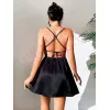 Derin Sırt Dekolteli Fantazi Siyah Mini Gecelik