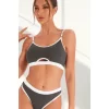 Kadın Gri Antrasit Kaşkorse Ve Beyaz Lastikli Cut-out Tanga Külotlu Takım