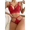 Kadın Kırmızı Cut-out Büstiyerli Beli Çapraz Lastikli Külotlu Çamaşır Takımı
