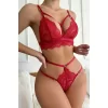 Kadın Kırmızı Cut-out Büstiyerli Beli Çapraz Lastikli Külotlu Çamaşır Takımı