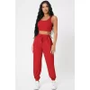 Kadın Kırmızı Kaşkorse Cepli Jogger Eşofman Altı Ve Crop Top Bluz