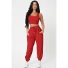 Kadın Kırmızı Kaşkorse Cepli Jogger Eşofman Altı Ve Crop Top Bluz