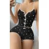 Kadın Siyah Kalp Desenli Askılı Şortlu Pijama Takım 6650