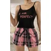 Kadın Siyah Kare Desenli Askılı Şortlu Pijama Takım 6652
