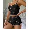 Kadın Siyah Kiraz Desenli Seksi Gecelik Takım 9003
