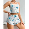 Kadınbeyaz Mavi Kalp Desenli Askılı Şortlu Pijama Takım 6657