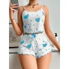 Kadınbeyaz Mavi Kalp Desenli Askılı Şortlu Pijama Takım 6657