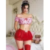 Kırmızı Kalp Desenli Pembe Etekli Fantezi Takım