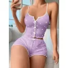 Lila Üstüne Beyaz Kalp Desenli Askılı Şortlu Pijama Takımı