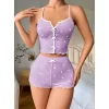 Lila Üstüne Beyaz Kalp Desenli Askılı Şortlu Pijama Takımı