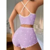 Lila Üstüne Beyaz Kalp Desenli Askılı Şortlu Pijama Takımı
