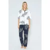 Luz&Pos Arias Closet %100 Viskon Dokuma Lacivert Yaprak Desenli Önden Düğmeli Pijama Takımı