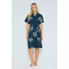 Luz&Pos Arias Closet %100 Viskon Dokuma Lacivert Yaprak Desenli Önden Düğmeli Uzun Elbise