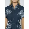 Luz&Pos Arias Closet %100 Viskon Dokuma Lacivert Yaprak Desenli Önden Düğmeli Uzun Elbise