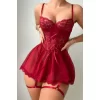 Luz&Pos Arias Closet Bordo Dantelli Korse Görünümlü Çapraz İpli Tül Fantezi Gecelik