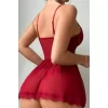 Luz&Pos Arias Closet Bordo Dantelli Korse Görünümlü Çapraz İpli Tül Fantezi Gecelik