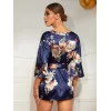 Luz&Pos Arias Closet Çiçek Desenli Mavi Mini Saten Gecelik Sabahlık