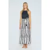 Luz&Pos Arias Closet Keten Dokuma Yırtmaçlı Çizgi Desenli Uzun Elbise