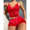 Luz&Pos Arias Closet Kırmızı Dantelli Büstiyer İnce Askılı Saten Şortlu Takım