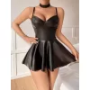 Luz&Pos Arias Closet Siyah Etekli Pileli Fantezi Deri Elbise