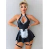 Luz&Pos Arias Closet Siyah Göğüs Dekolteli Boyundan Bağlamalı Mini Etekli Fantezi Deri Hizmetçi Kostümü