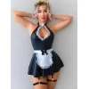 Luz&Pos Arias Closet Siyah Göğüs Dekolteli Boyundan Bağlamalı Mini Etekli Fantezi Deri Hizmetçi Kostümü