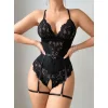 Luz&Pos Arias Closet Siyah Özel Bölgesi Açık Dantel İşlemeli Jartiyer Görünümlü Fantezi Body