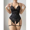 Luz&Pos Arias Closet Siyah Özel Bölgesi Açık Dantel İşlemeli Jartiyer Görünümlü Fantezi Body