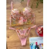 Özel Tasarım Pembe Dantel İşlemeli Çiçek Desenli Destekli Bralet Takımı