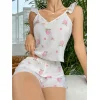 Pamuklu Beyaz Üstüne Çiçek Desen Fırfır Askılı Şortlu Pijama Takımı