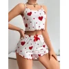 Pamuklu Beyaz Üstüne Kırmızı Kalp Desenli Askılı Şortlu Pijama Takımı