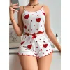 Pamuklu Beyaz Üstüne Kırmızı Kalp Desenli Askılı Şortlu Pijama Takımı