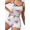 Pamuklu Beyaz Üstüne Pelikan Desen Fitilli Askılı Şortlu Pijama Takımı