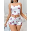 Pamuklu Beyaz Üstüne Pembe Kurdela Desenli Fitilli Askılı Şortlu Pijama Takımı
