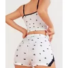 Pamuklu Beyaz Üstüne Siyah Kalp Desen Fitilli Askılı Şortlu Pijama Takımı