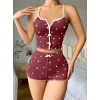 Pamuklu Kahverengi Üstüne Beyaz Kalp Desen Fitilli Askılı Şortlu Pijama Takımı