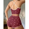 Pamuklu Kahverengi Üstüne Beyaz Kalp Desen Fitilli Askılı Şortlu Pijama Takımı