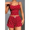 Pamuklu Kırmızı Üstüne Beyaz Kalp Desen Fitilli Askılı Şortlu Pijama Takımı
