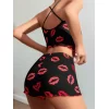 Pamuklu Kiss Öpücük Desen Siyah Fitilli Şortlu Pijama Takımı