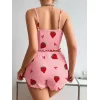 Pamuklu Pembe Üstüne Çilek Desen Fitilli Askılı Şortlu Pijama Takımı