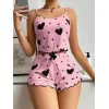 Pamuklu Pembe Üstüne Siyah Kalp Desenli Askılı Fitilli Şortlu Pijama Takımı