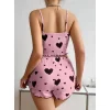 Pamuklu Pembe Üstüne Siyah Kalp Desenli Askılı Fitilli Şortlu Pijama Takımı