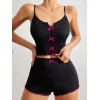 Pamuklu Siyah Üstüne Pembe Kurdelalı Fitilli Askılı Şortlu Pijama Takımı
